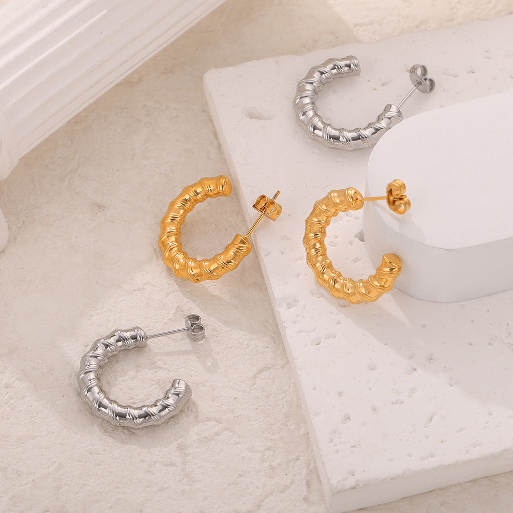 Elegant Titanium Steel Gold-Plated Spiral Texture Geometric Earrings