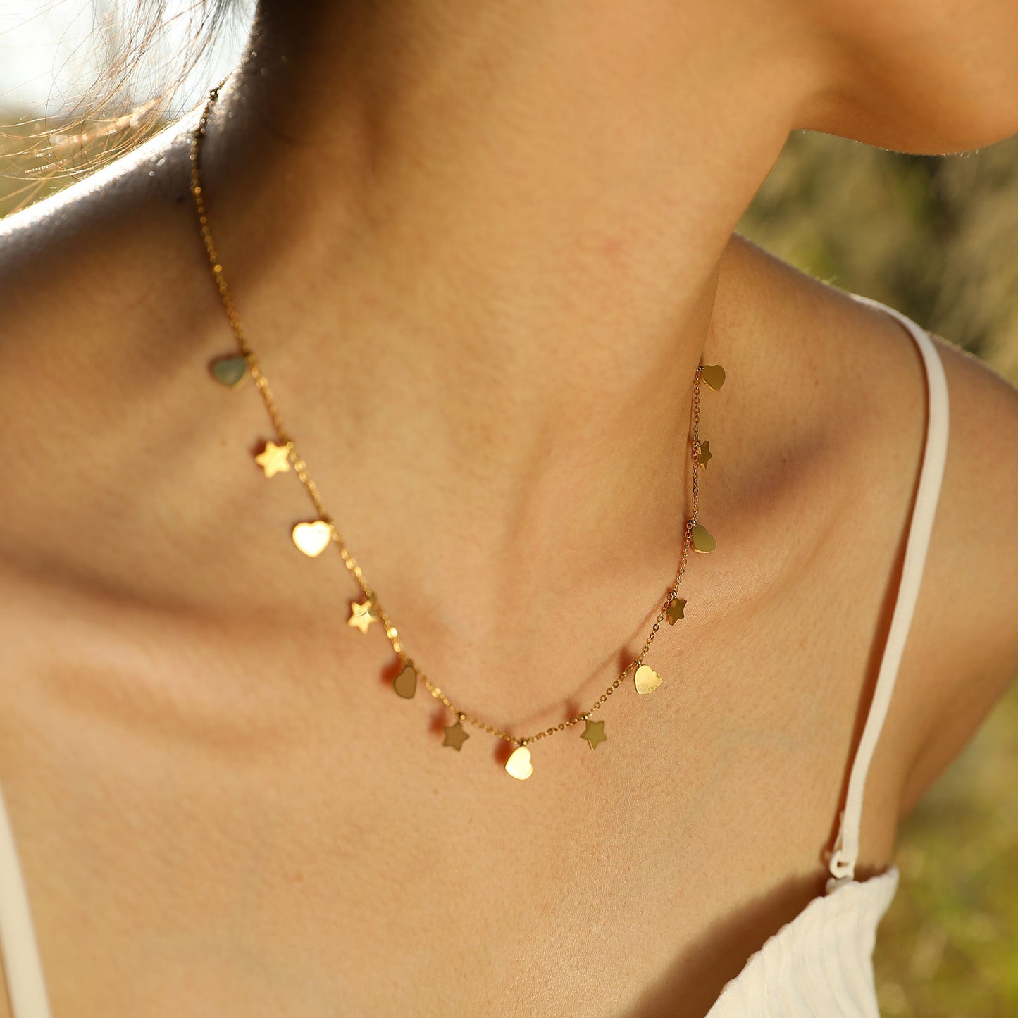 Stainless Steel Bead Chain Butterfly Star Zircon Necklace 18K Gold Wholesale