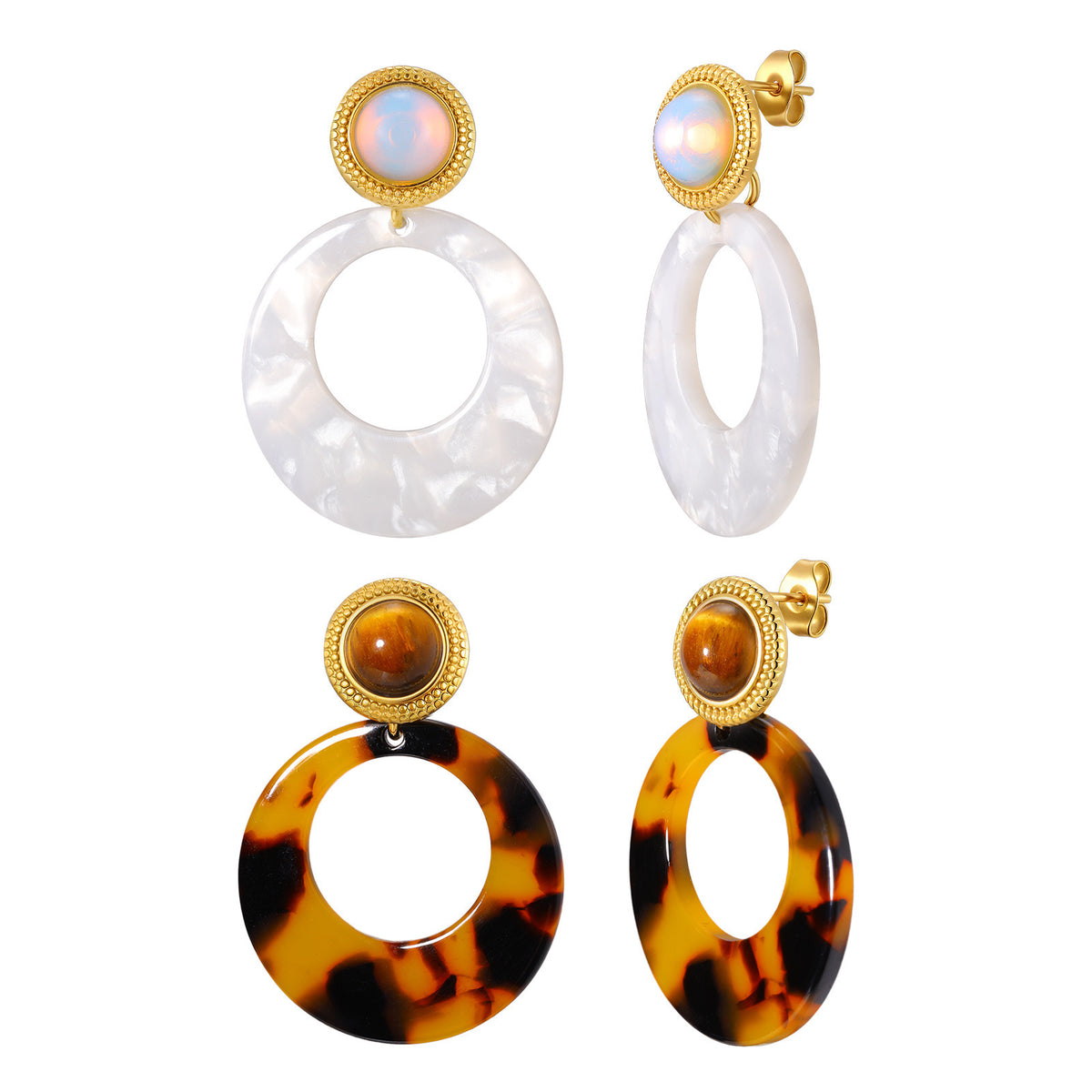 Stainless Steel Opal Tiger's Eye Vintage Earrings