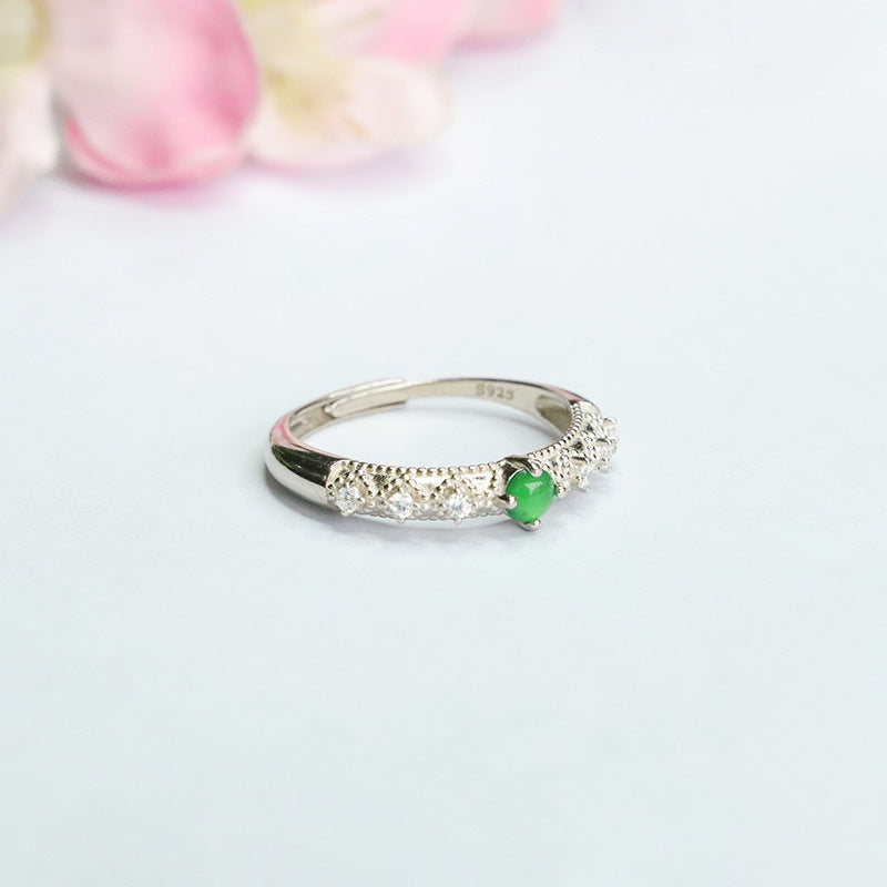 Six Zircon Sterling Silver Ring with Ice Emperor Green Jade and Adjustable Opening