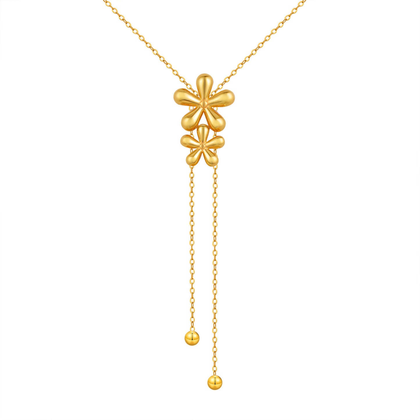 Style Women Stainless Steel Flat Cross Chain Double Flower Y-Shaped Necklace Gold