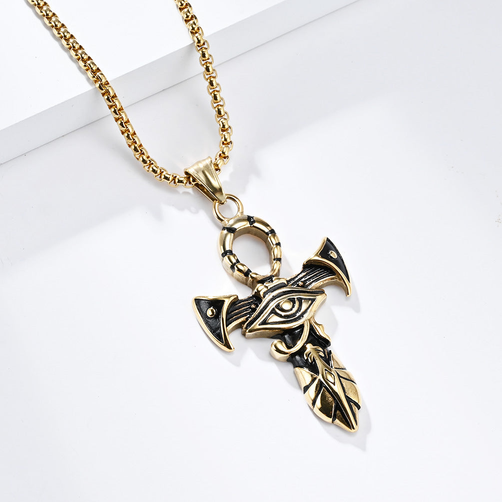 Planderful Titanium Steel Necklace Eye Of Horus Ankh Cross For Hip Hop Streetwear Fans Durable Bold Statement