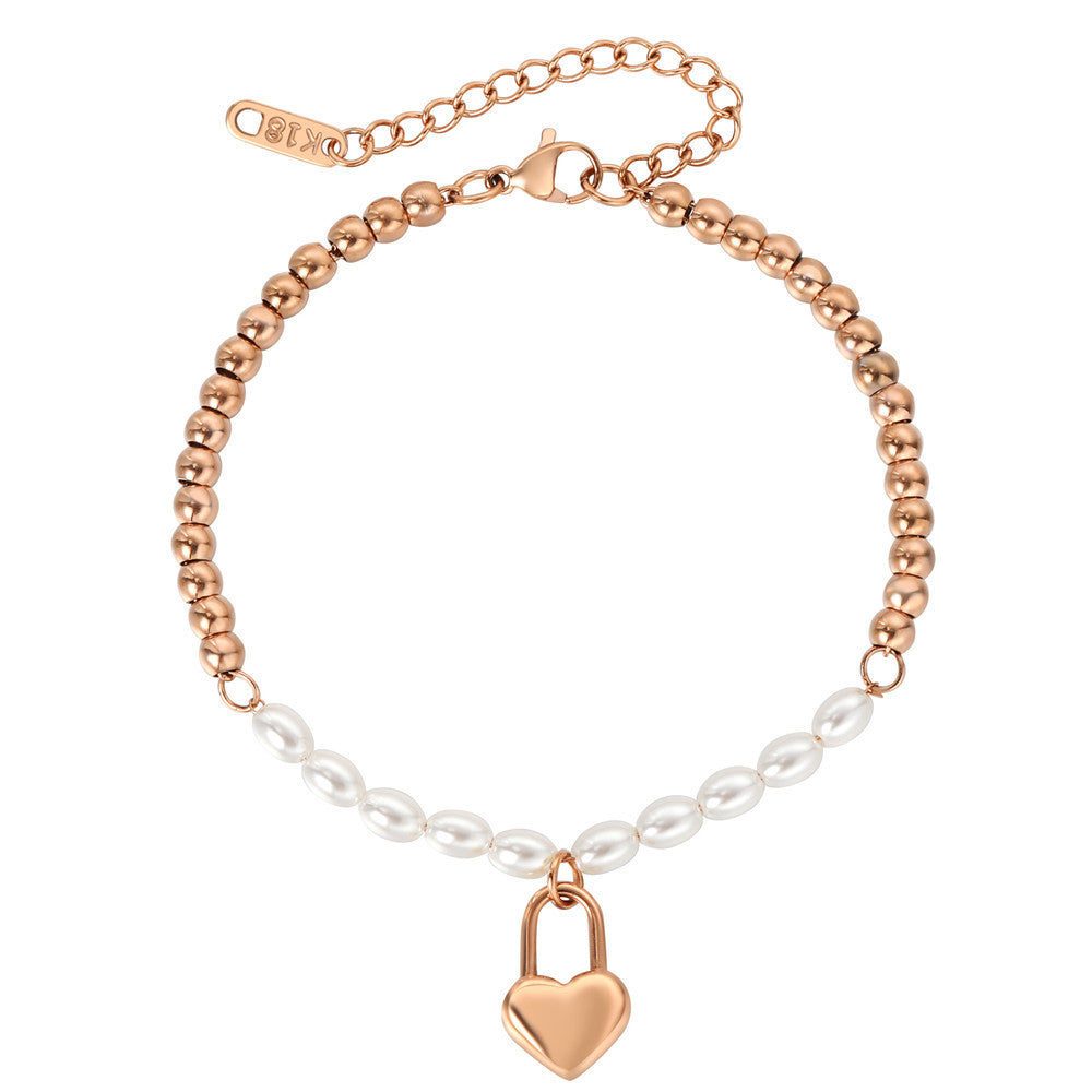 Planderful Beaded Pearl Bracelet Minimalist Peach Heart Durable Titanium Steel For Women And Men Fashionable Statement