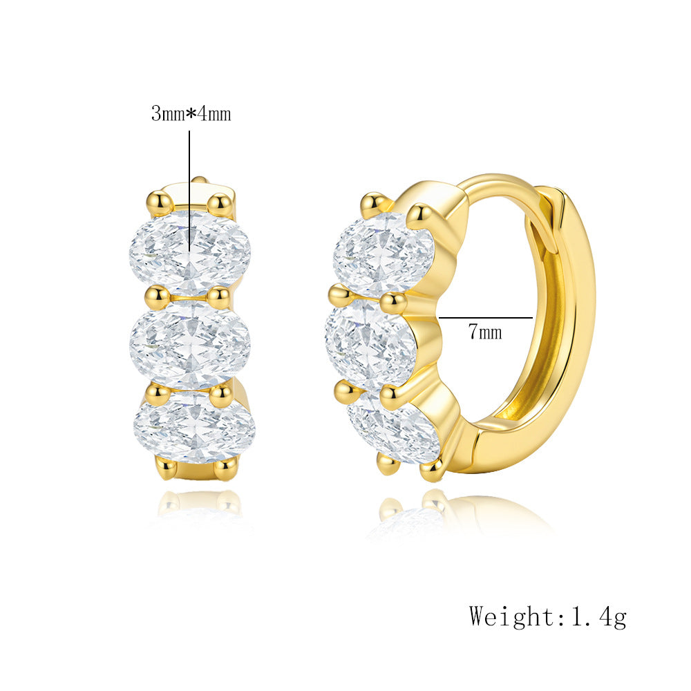 Oval Zircon Ring Earrings Ear Buckle Sterling Silver Earrings