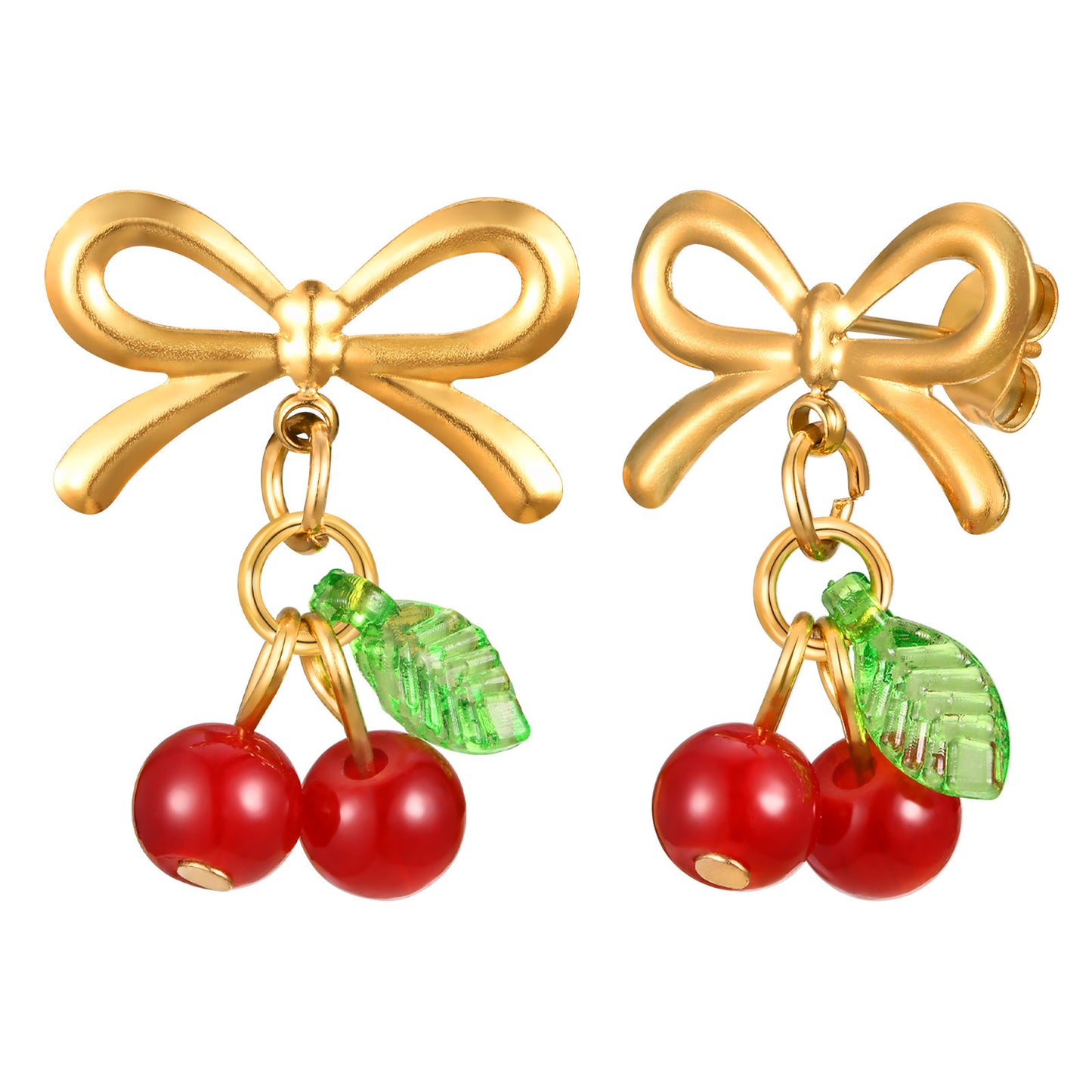 Europe America Stainless Steel Bow Red Cherry Gold Earrings