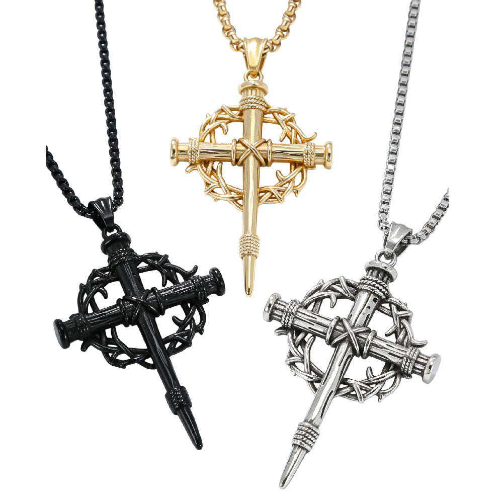 Stainless Steel Cross Pendant For Men And Women Planderful Retro Gothic Thorn Garland Statement Jewelry