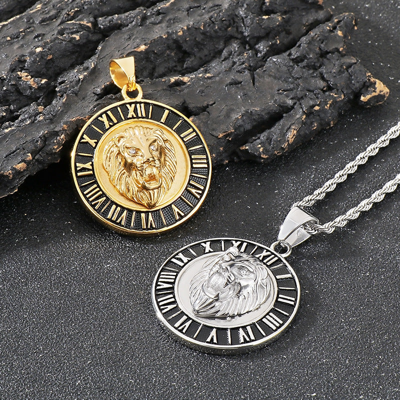 Planderful Zircon Lion Head Pendant Men Hip Hop Compass