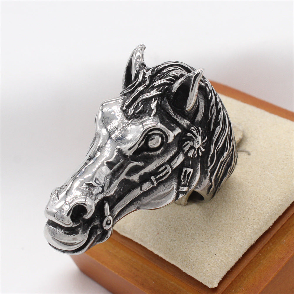 Planderful Titanium Steel Ring For Men Unisex Retro White Horse Design Size 7-12