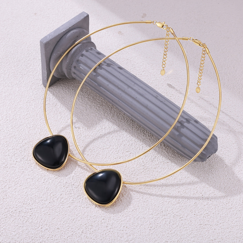 Geometric Snake Chain Black Agate Pendant Necklace - Personalized Titanium Steel Jewelry