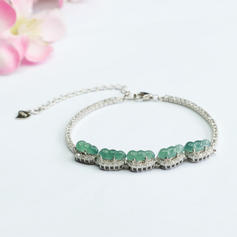 Sterling Silver Bracelet with Natural Green Jade Insets