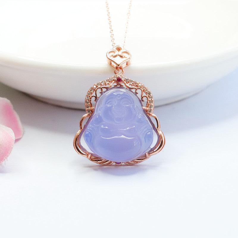 Buddha Pendant Necklace with Purple Chalcedony and Zircon Embellishments