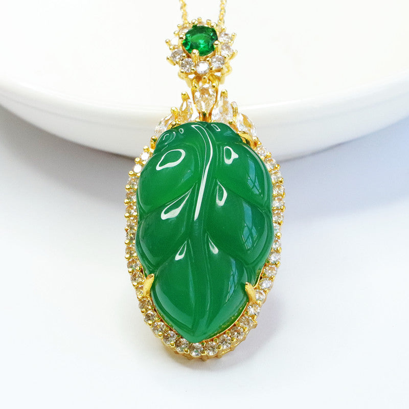 Chalcedony Branch Leaf Pendant Necklace with Zircon Detail