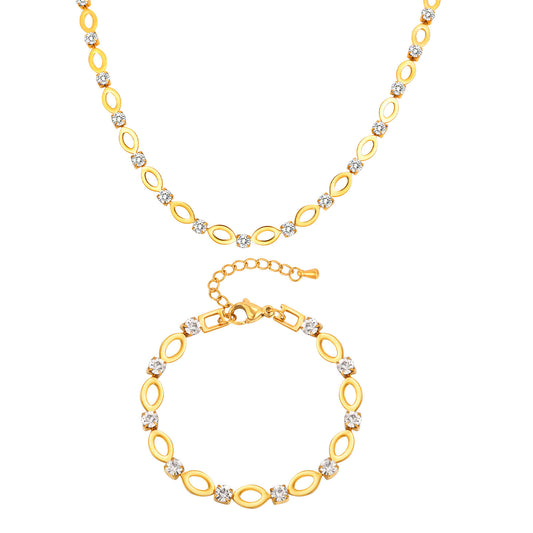 Ladies Stainless Steel White Rhinestone Hollow Oval Handmade Chain Bracelet Necklace
