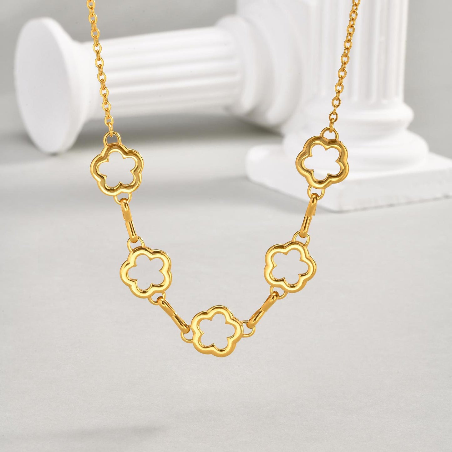 Wind Collarbone Chain Stainless Steel Gold-Plated Hollow Flower Necklace