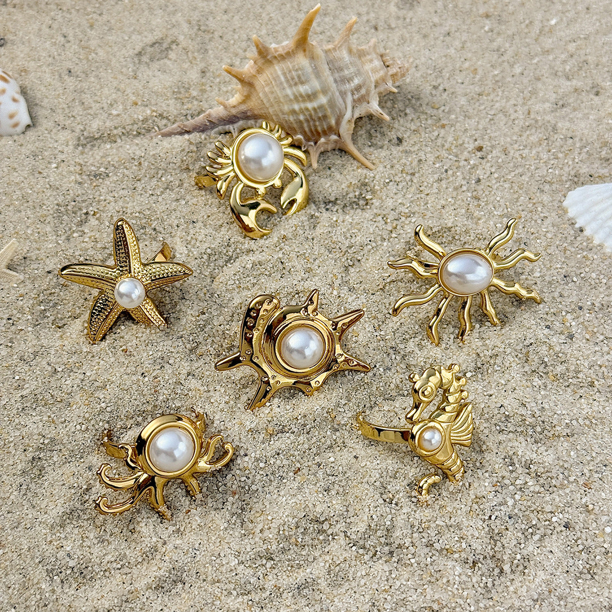 Planderful Ocean Starfish Ring With Imitation Pearl Adjustable Stainless Steel Statement Beach Jewelry For Women
