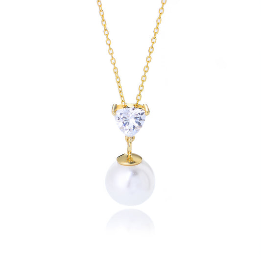 S925 Sterling Silver Heart-Shaped Zircon Pearl Necklace Sense