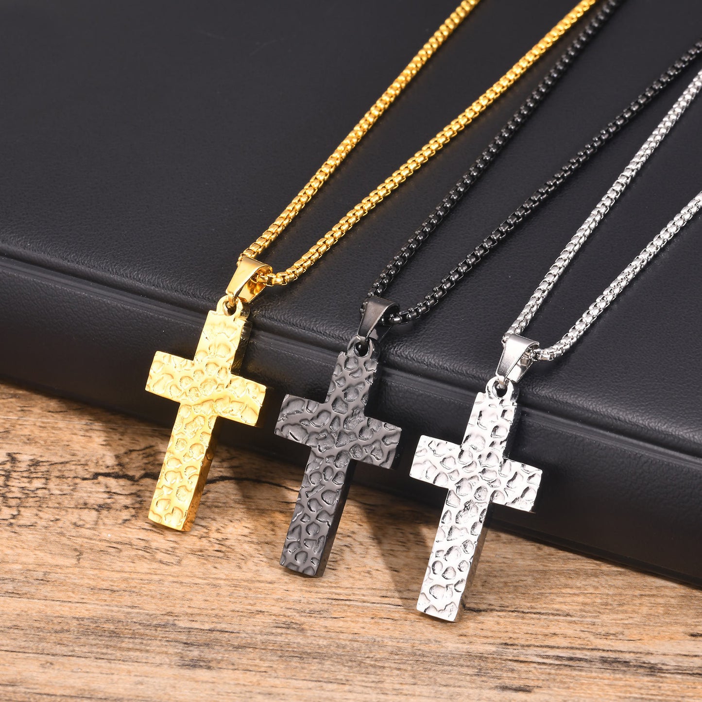 Stainless Steel Hammer Cross Pendant Gold Black Necklace Men