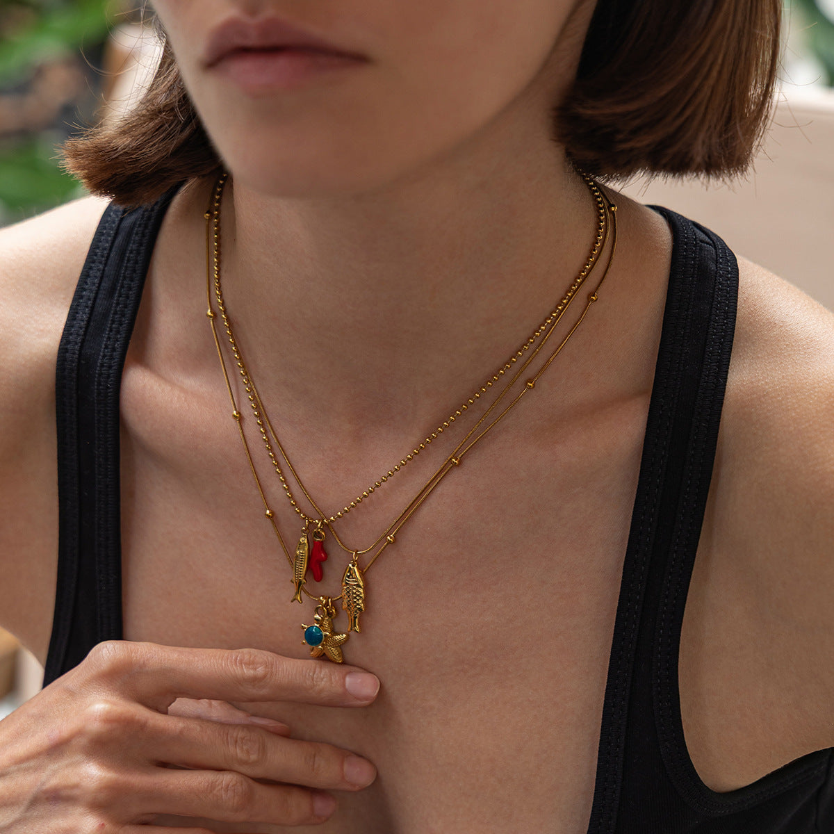 Holiday Wind Small Fish Turtle Pendant Necklace Ocean Wind Coral Starfish Fine