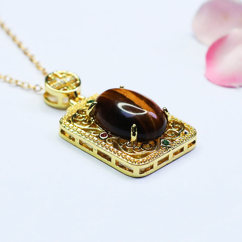 Yellow Tiger Eye Openwork Square Pendant — No Chain