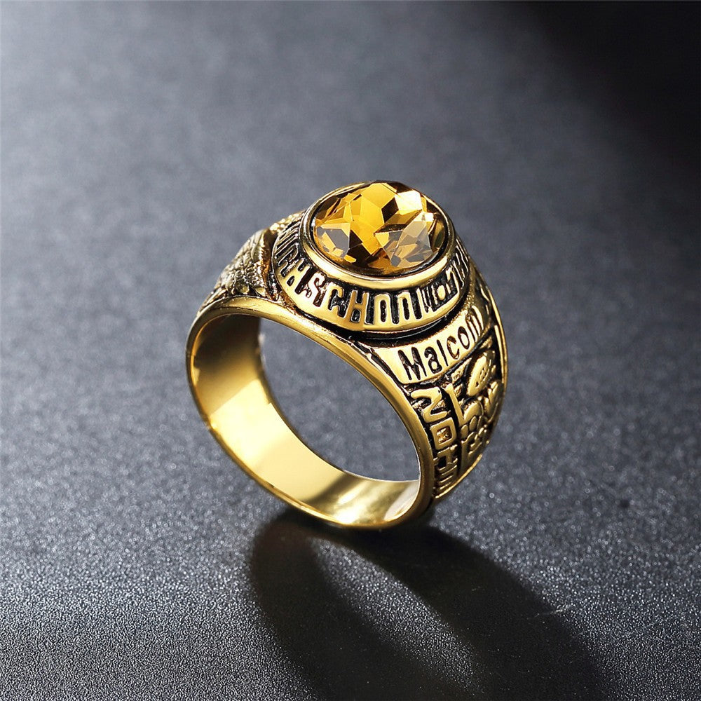 Planderful Eagle Army Ring Stainless Steel With Oval Zircon Unisex Durable Retro Gold Plated Protection