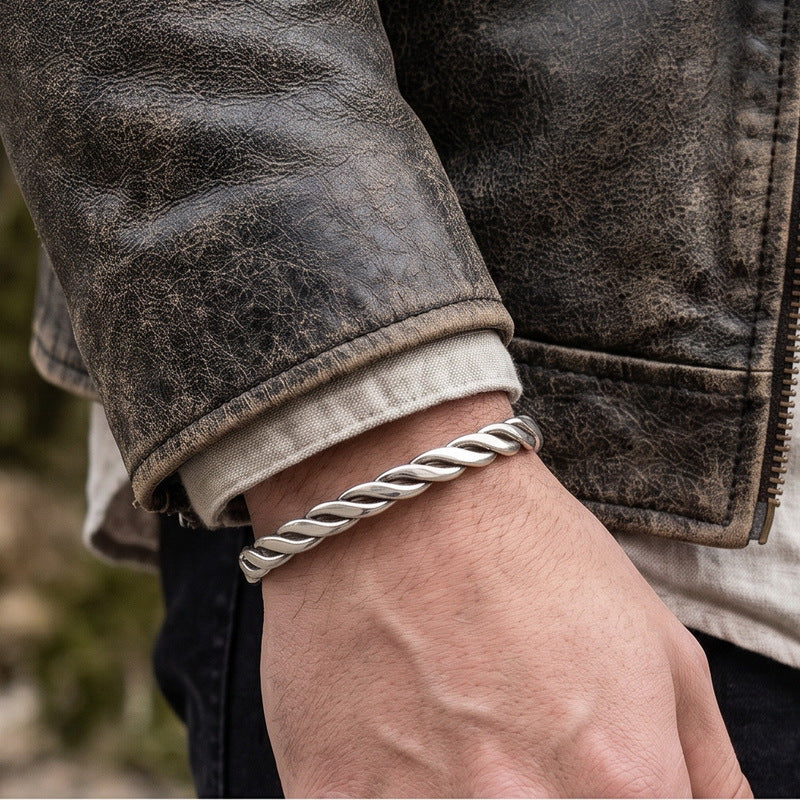 Punk Twist Twist Rope Open Bracelet Antique Stainless Steel Men's Thorn C-Shaped Bracelet