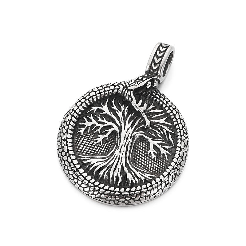 Nordic Viking Mythology Ouroboros Tree Of Life Pendant, Retro Round Stainless Steel Men's Necklace