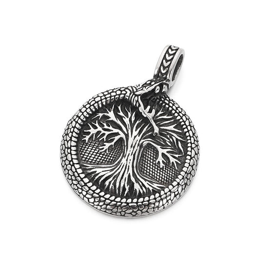 Nordic Viking Mythology Ouroboros Tree Of Life Pendant, Retro Round Stainless Steel Men's Necklace
