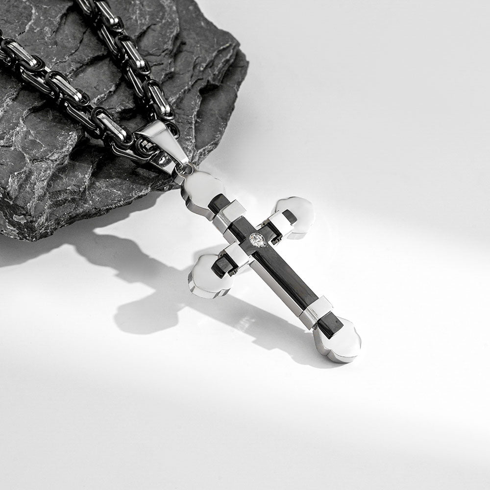 Planderful Mens Stainless Steel Cross Necklace With Double Layer Zircon Pendant For Men Punk Style