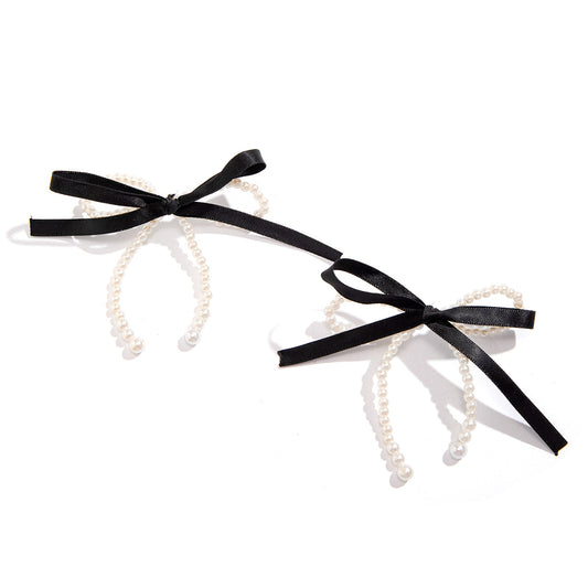 Bow Earrings with Double Bows and Imitation Pearl Beads