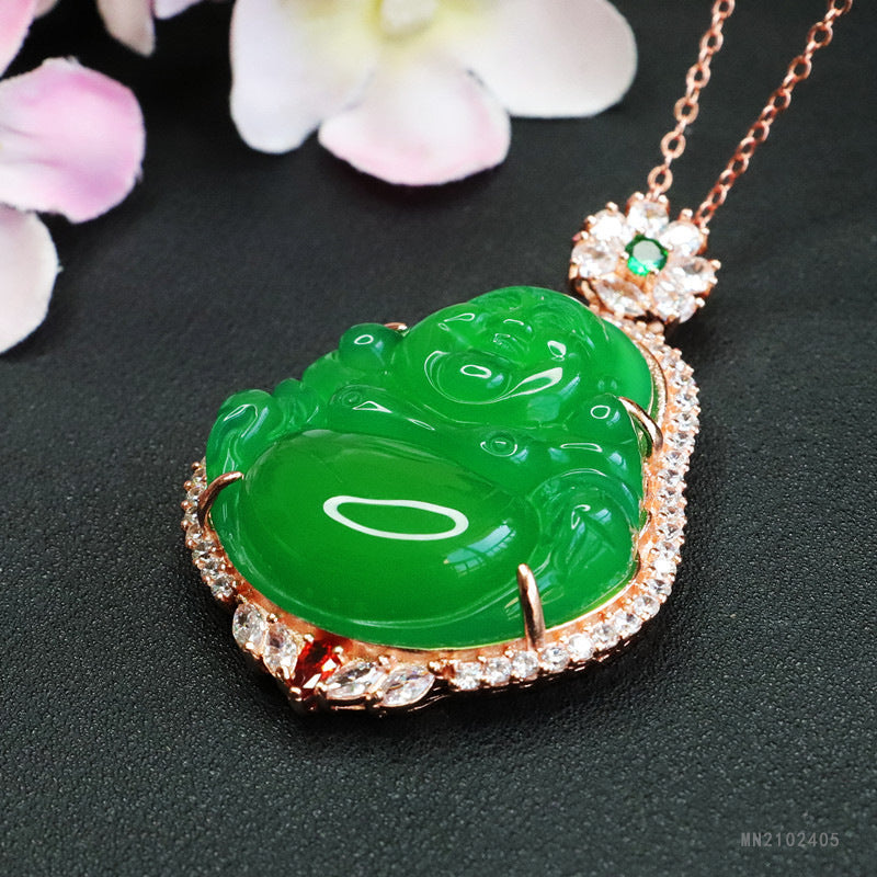 Green Chalcedony Buddha Rose-Gold-Tone Pendant — No Chain