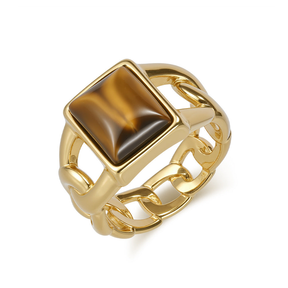 Planderful Everyday Genie Tigers Eye Cuban Chain Ring For Men Durable Stainless Steel Titanium