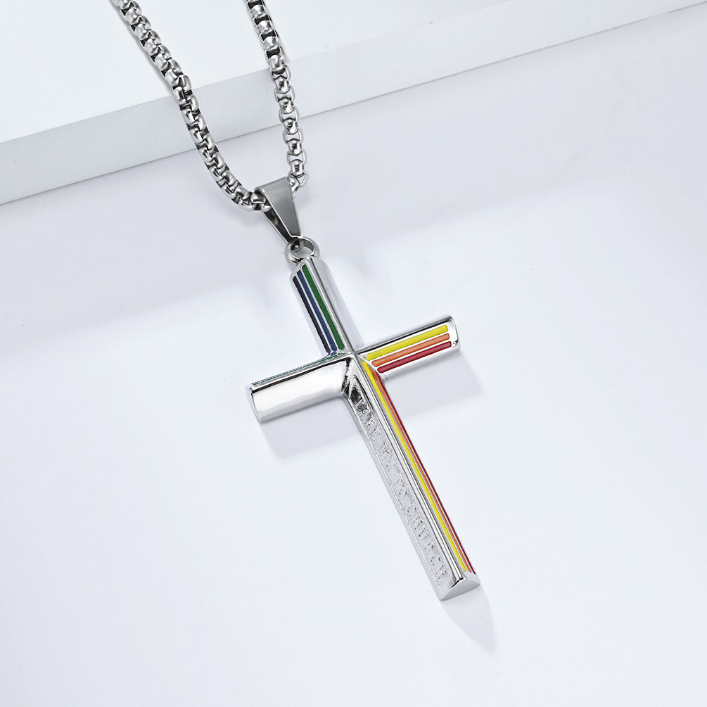 Personalized Titanium Steel Cross Necklace with Rainbow Flag