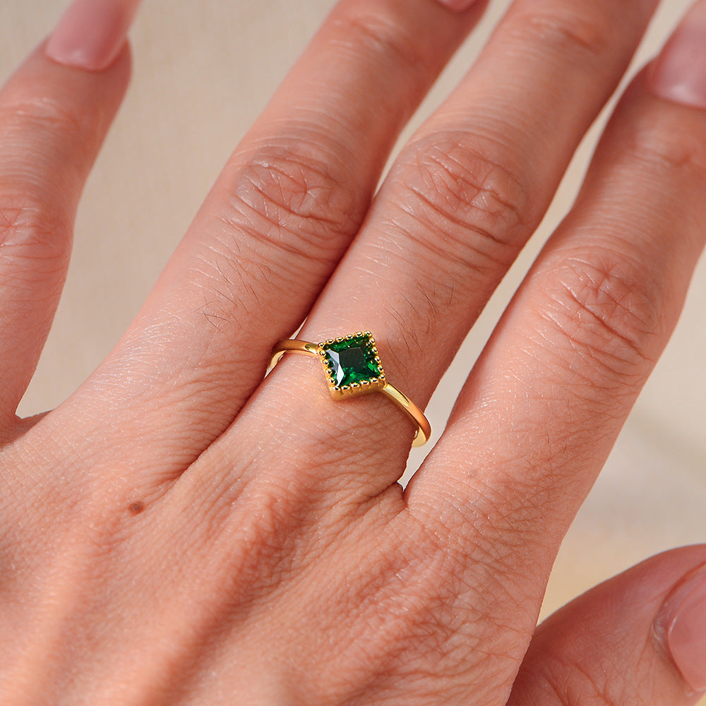 Geometric Square Emerald Zircon Sterling Silver Ring