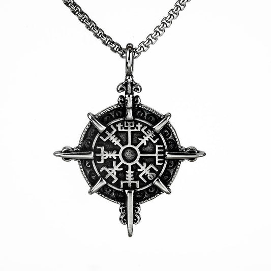 Vintage Nordic Men's Stainless Steel Viking Compass Pendant