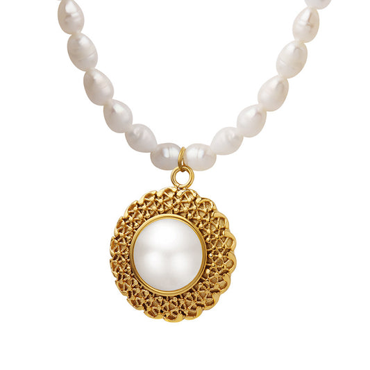 Elegant French-Inspired Pearl Necklace with Gold-Plated Straw Hat Pendant