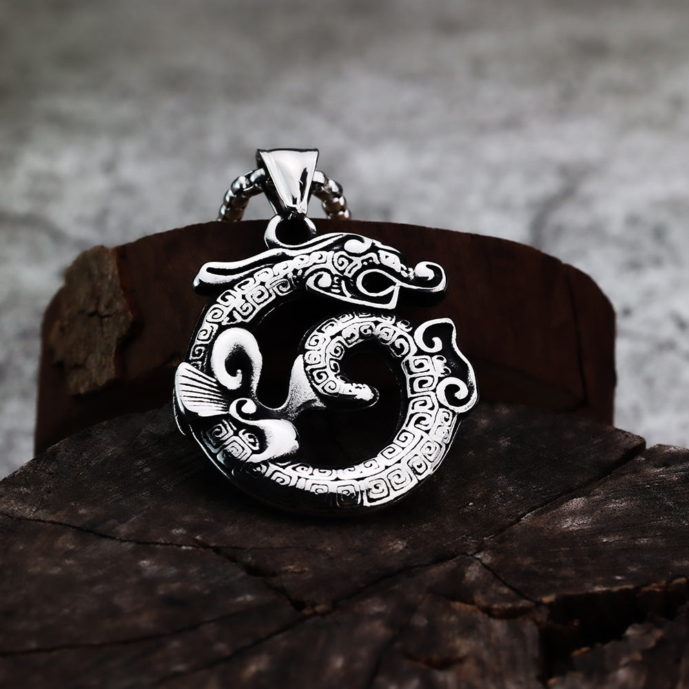 Planderful Dragon Pendant Necklace For Men Titanium Steel Ethnic Retro Style Bold Statement Jewelry