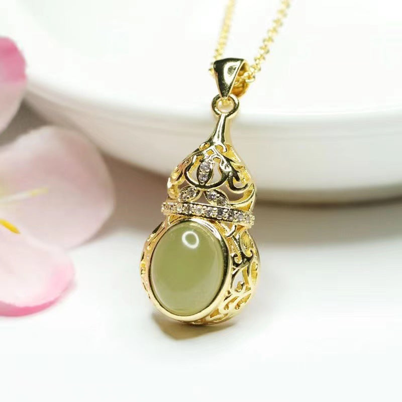Jewelry Necklace with Oval Hollow Gourd Jade and Zircon Crafted from Natural Hotan Jade