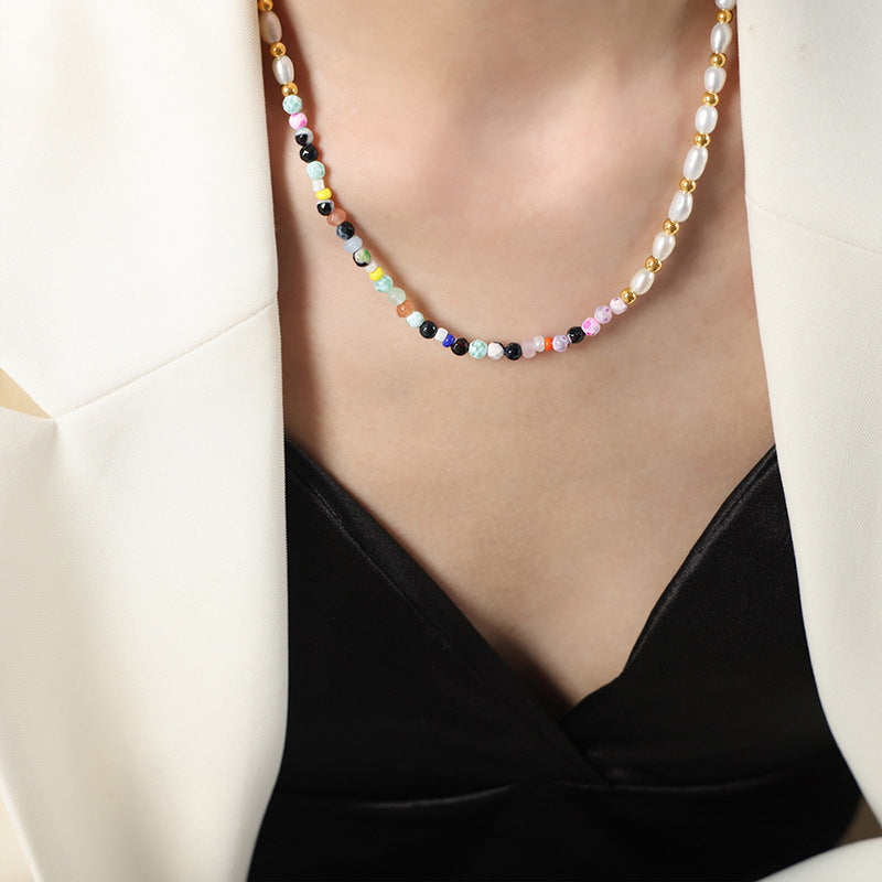 Luxurious Handcrafted Natural Stone and Freshwater Pearl Necklace - Elegant European Style