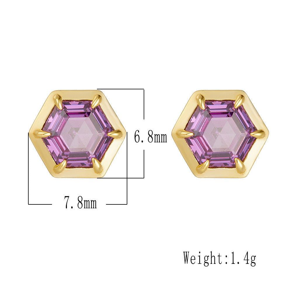 Geometric Hexagonal Amethyst Zircon Sterling Silver Stud Earrings 'S Color