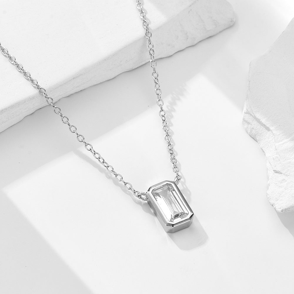 925 Sterling Silver Geometric Rectangular Zircon Pendant Necklace