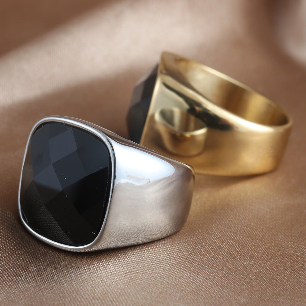 Stylish Titanium Steel Square Black Stone Ring for Men - Retro Punk Glossy Design with Personalized Touch