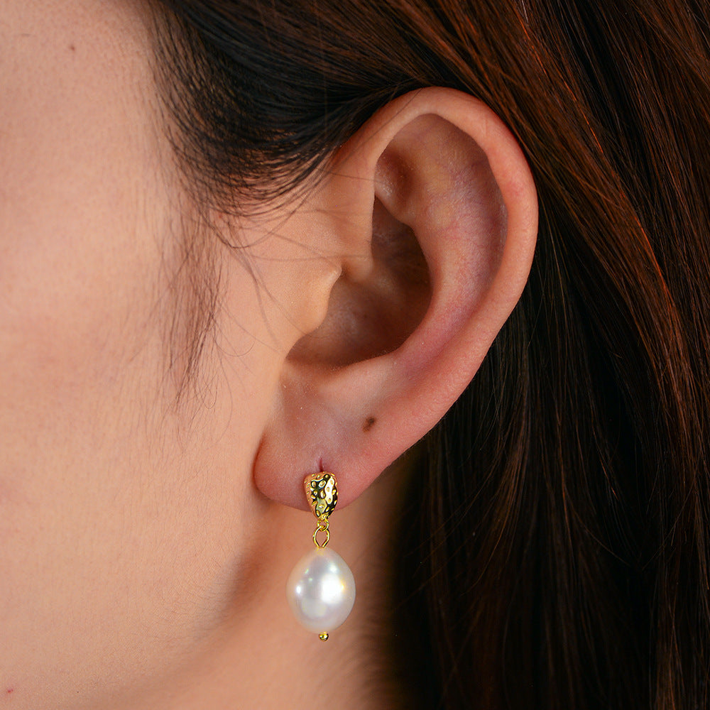 S925 Sterling Silver French Retro Baroque Natural Pearl Stud Earrings Light