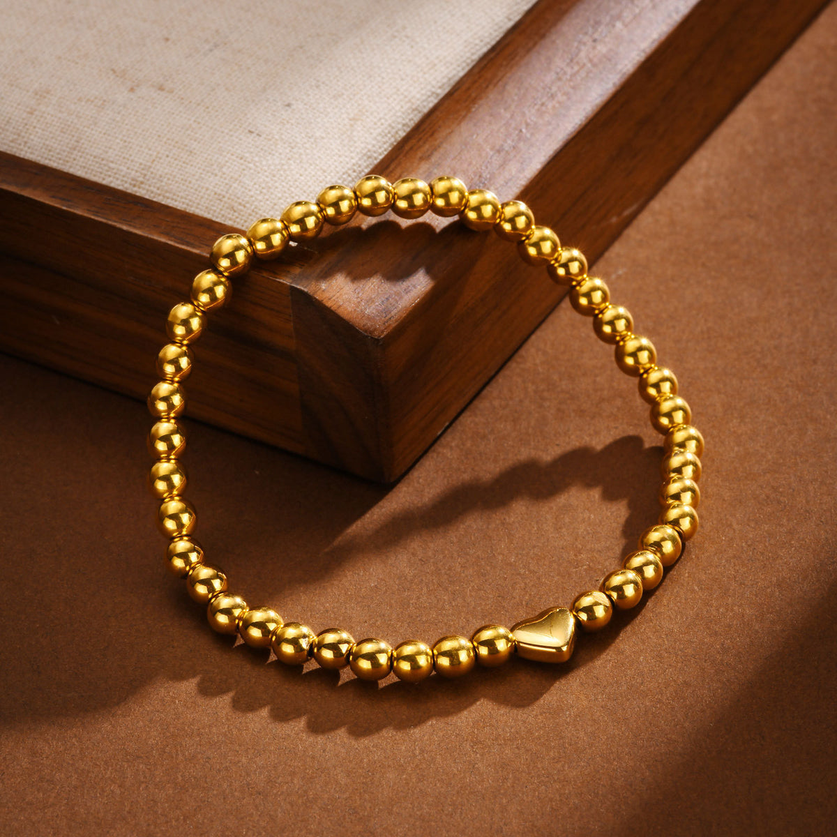Ladies Stainless Steel Heart Steel Ball Beaded Bracelet Gold