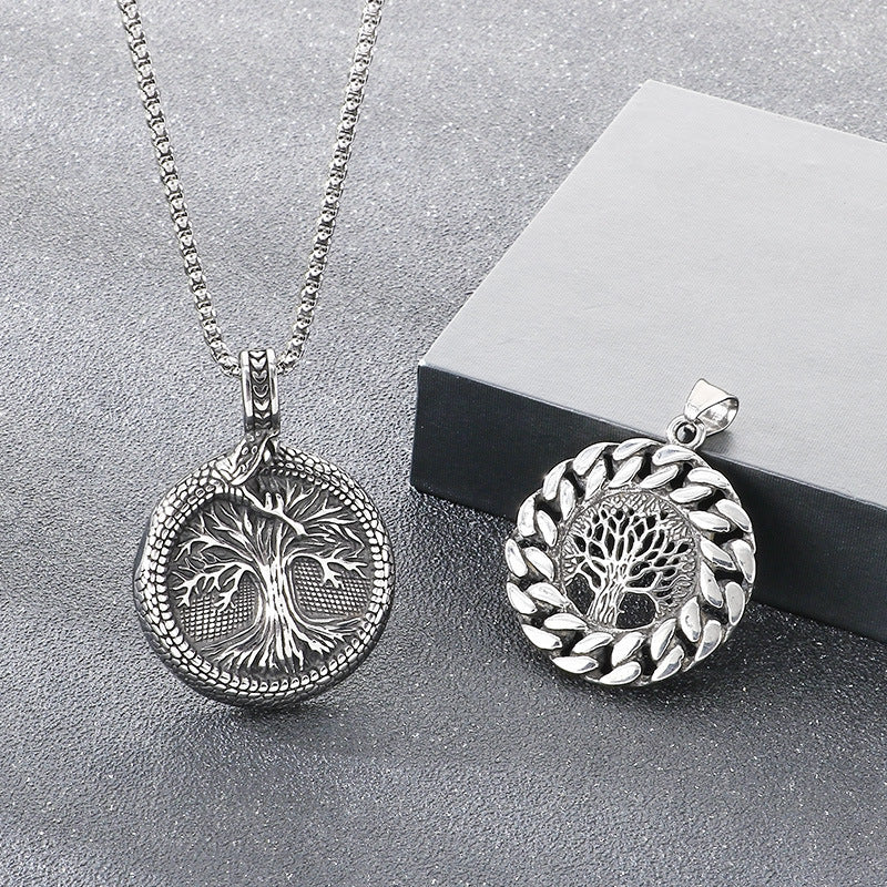 Nordic Viking Mythology Ouroboros Tree Of Life Pendant, Retro Round Stainless Steel Men's Necklace