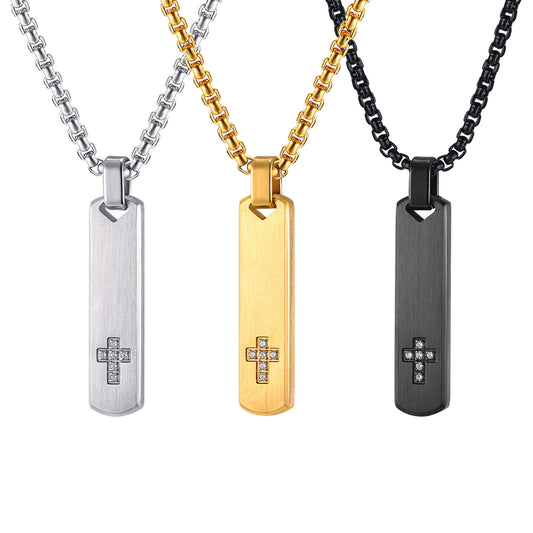 Cross Zircon Geometric Textured Stainless Steel Necklace for Men