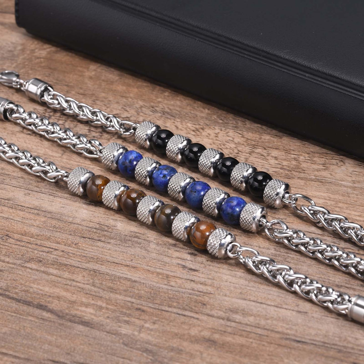 Stainless Steel Flower Basket Chain Beaded Bracelet Men