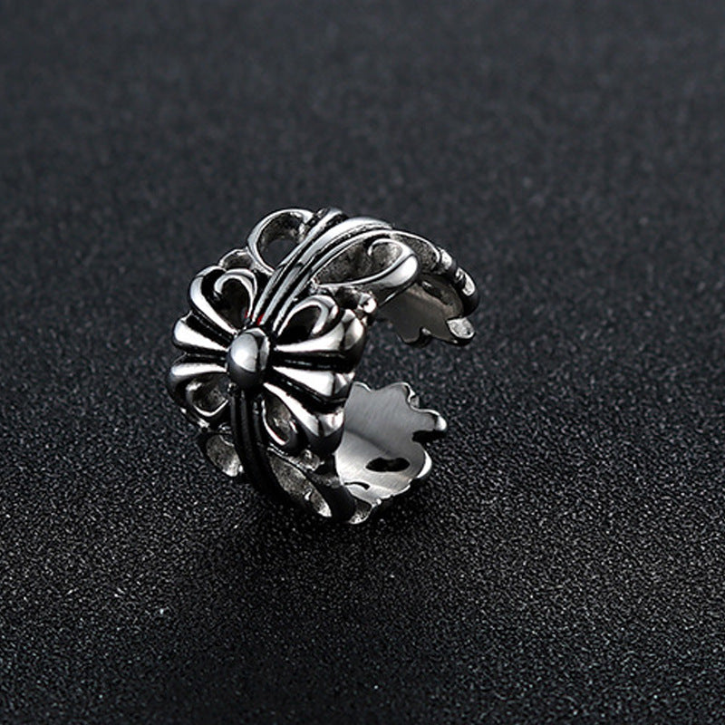 Stylish Korean Titanium Steel Croix Cross Ring - Personalized Retro Flower Design for Couples