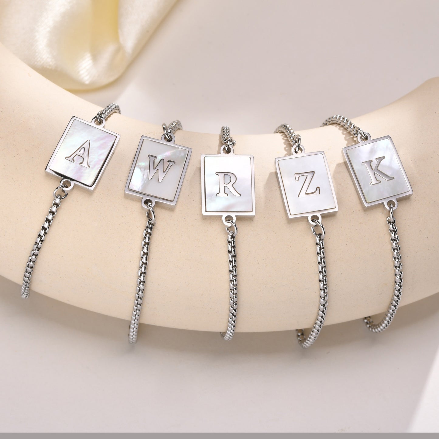 Stainless Steel Shell Letter Square Pearl Chain Ladies Bracelet