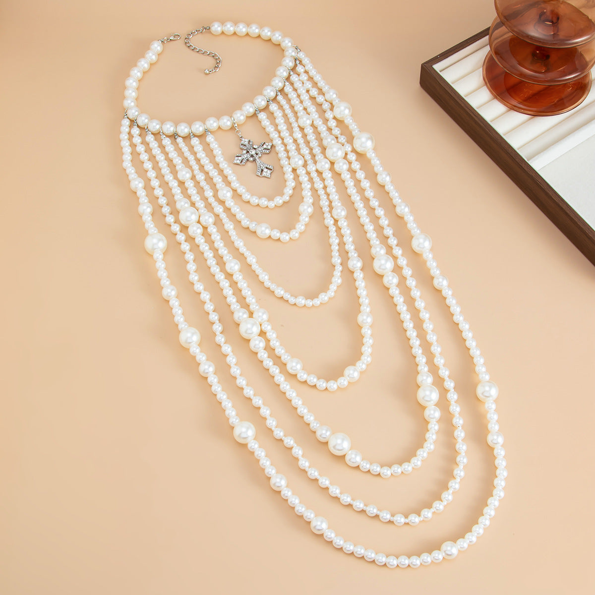 French Baroque Pearl Cross Long Necklace