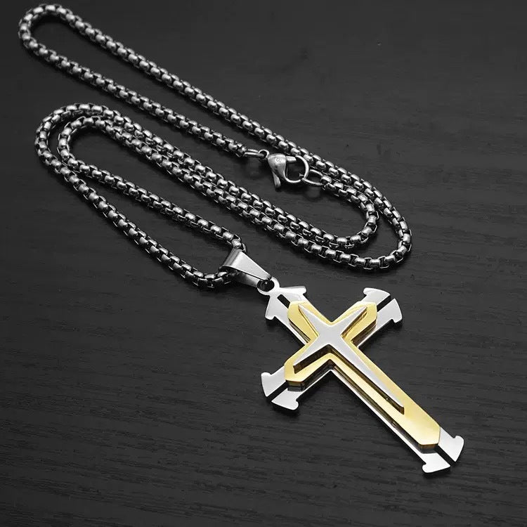 1. Planderful Stainless Steel Cross Necklace Men Three Layer Pendant Hip Hop Style Gift for Him